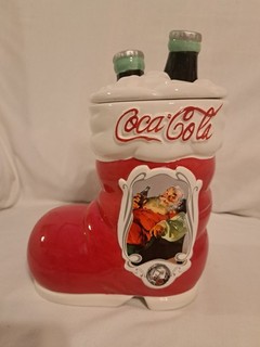 VTG Coca Cola 75th Anniversary Santa Boot Christmas Cookie Jar With Ice Lid