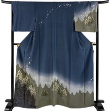 JAPANESE KIMONO HOMONGI Blue-gray 165.5 cm 5 ft 5 in PURE SILK AA8784
