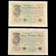 2x 1923 Germany 20 Million Mark Banknote WW1 WWI Military Inflation Period Item
