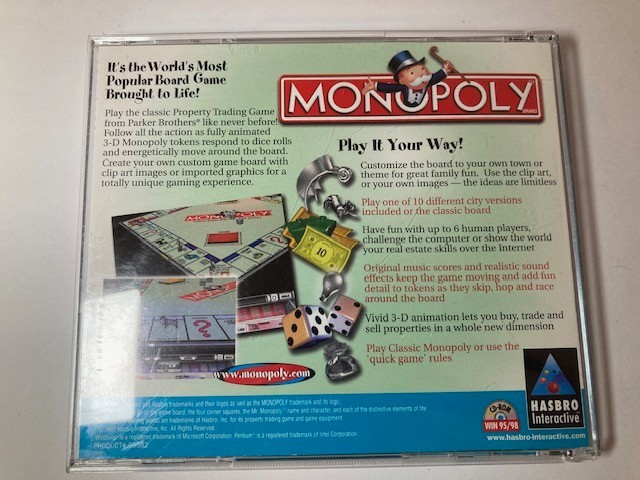 Monopoly PC CD-ROM Hasbro 1996 Computer Game Windows 95 Disc