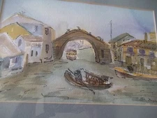 Vintage Orginal Fran Barrish Watercolor Homes Canal  12 x 14 " w/ Frame