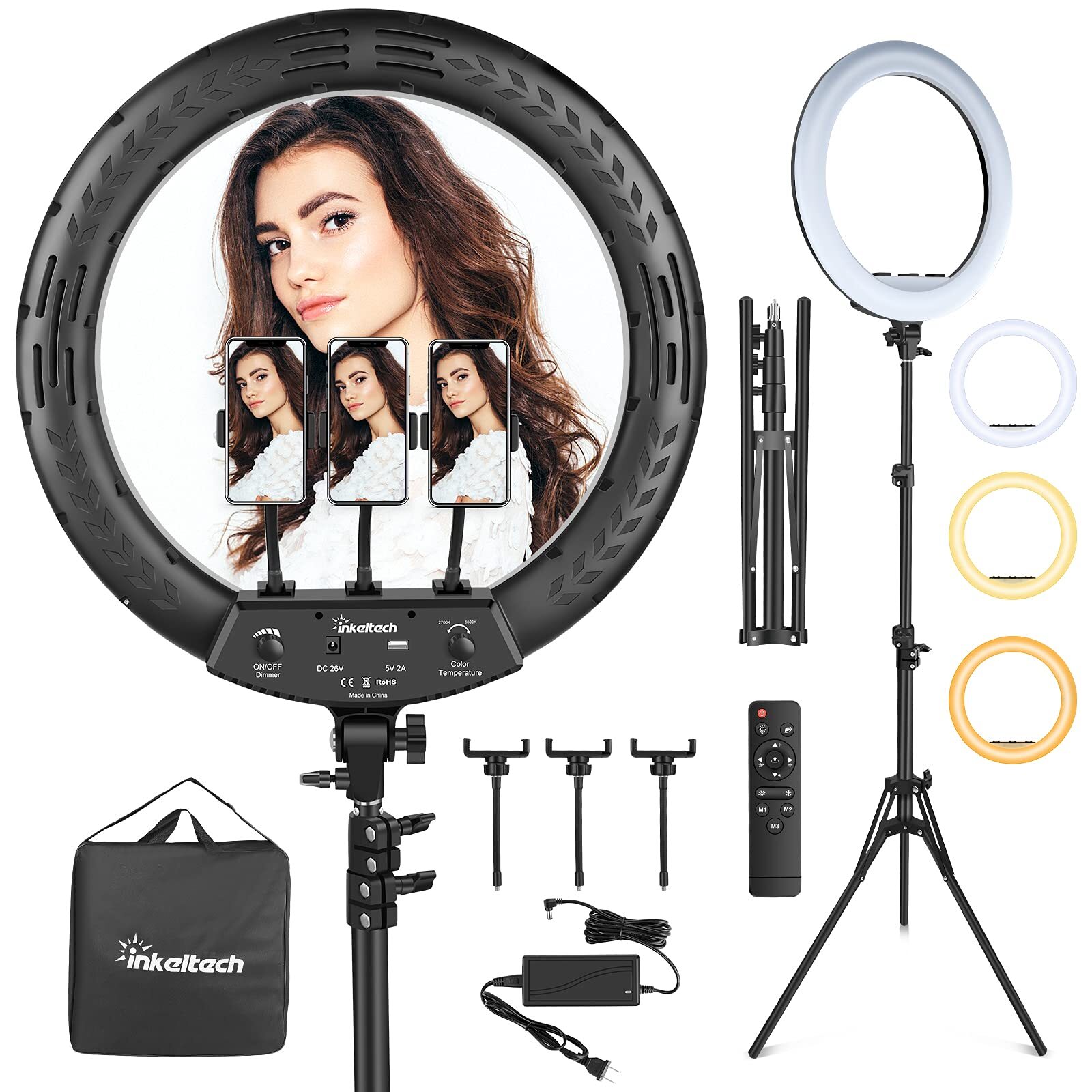18” Ring Light with Tripod Stand & 3 Phone Holders, Dimmable LED Ring Light K...-image