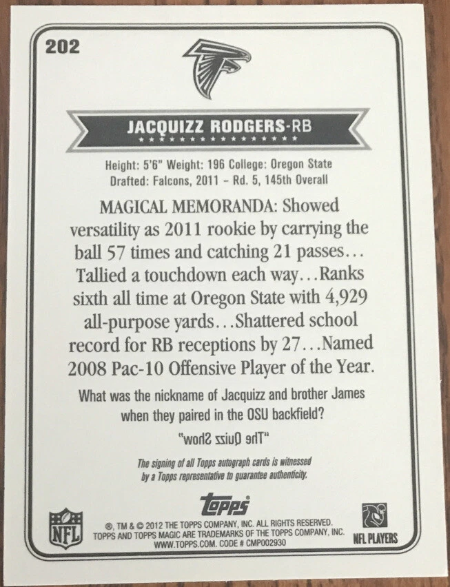 2012 Topps Magic Autographs Jacquizz Rodgers #202 Atlanta Falcons - Image 2 of 2