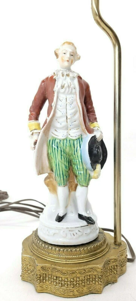 Antique Porcelain Figural Lady & Man PAIR Lamp Brass Pedestal Base w/ Chandelier - Image 3 of 4