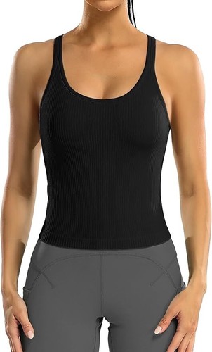 ATTRACO Women Ribbed Workout Crop Tops with Built in Bra Yoga Racerback Tank Top