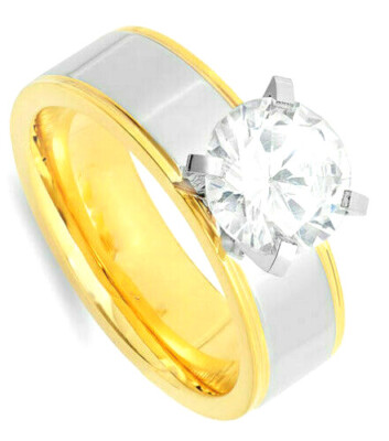 Zirconi Anello Acciaio Inox 18kt Oro Giallo Solitario Fidanzamento