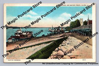 Cairo Levee & Mississippi River Waterfront Antique Illinois Postcard ~1930s