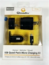 Qmadix USB Quad-Pack Micro Charging Kit for Home, Vehicle & Travel - Black