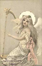 Birthday Surrealism Young Girl Angel Playing Harp c1910 Vintage Postcard