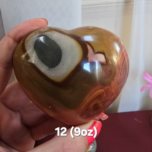 Large Polychrome Ocean Jasper Crystal Puffy Heart Orange Pink Brown Carved Heart - Picture 32 of 32