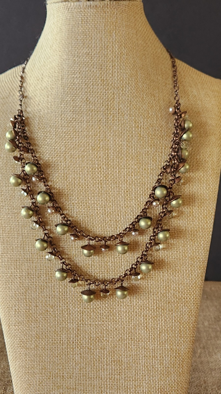 Necklace Signed Talbots Bronzetone W/ Beautiful Green Faux Cha Cha Pearls