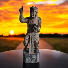 Antique Hand Carved Chinese Guardian Warrior Statue 8.5” Wood Figure