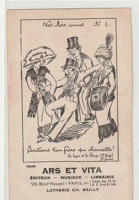 Old postcard Paris 6th comic Raspail ARS ET VITA music bookstore LES AIRS KNOWN.. COMPOINT