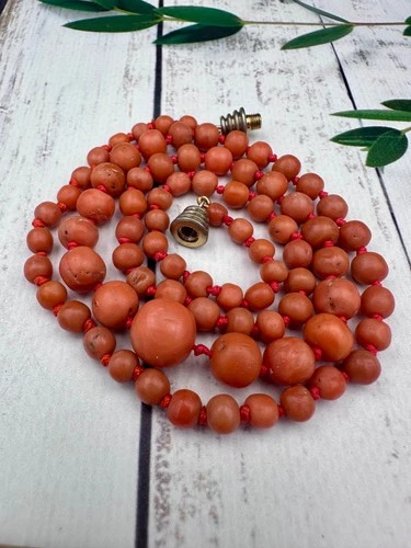 UNDYED Antique BEAD STONE CORAL salmon Japan Chinese INDIA dZi necklace silver