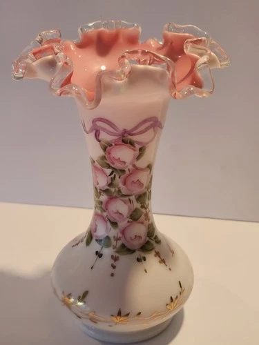 Fenton Peach Crest Ruffled Glass Vase Charleton Floral Pink White Hand Painted