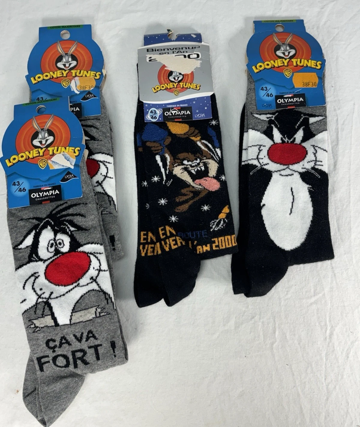 1999 Looney Tunes Socks Sylvester Cat Taz Tazmanian Devil Made France Olympia