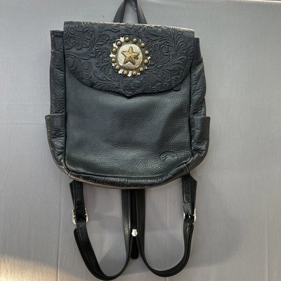 VTG Sergio s Collection Black Leather Backpack Purse Western Concho Tooled BOHO