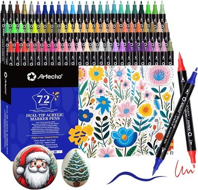 Artecho Acrylstifte 72 Farben, 0.5-5mm Wasserfester Dual Tip Marker, Pinsel, Set