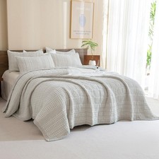 Sanracie Khaki Cotton Quilt Set Queen Size 90"x98" -Waffle Weave Quilt, 3PCS ...