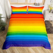 Girls Colorful Stripes Bedding Set,Rainbow Duvet Cover for Teens,Kids Watercolor