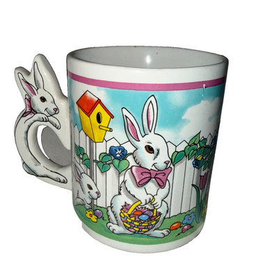 VTG Easter Bunny Mug Figural Rabbit Handle Ceramic Spring Coffee Cup 12oz