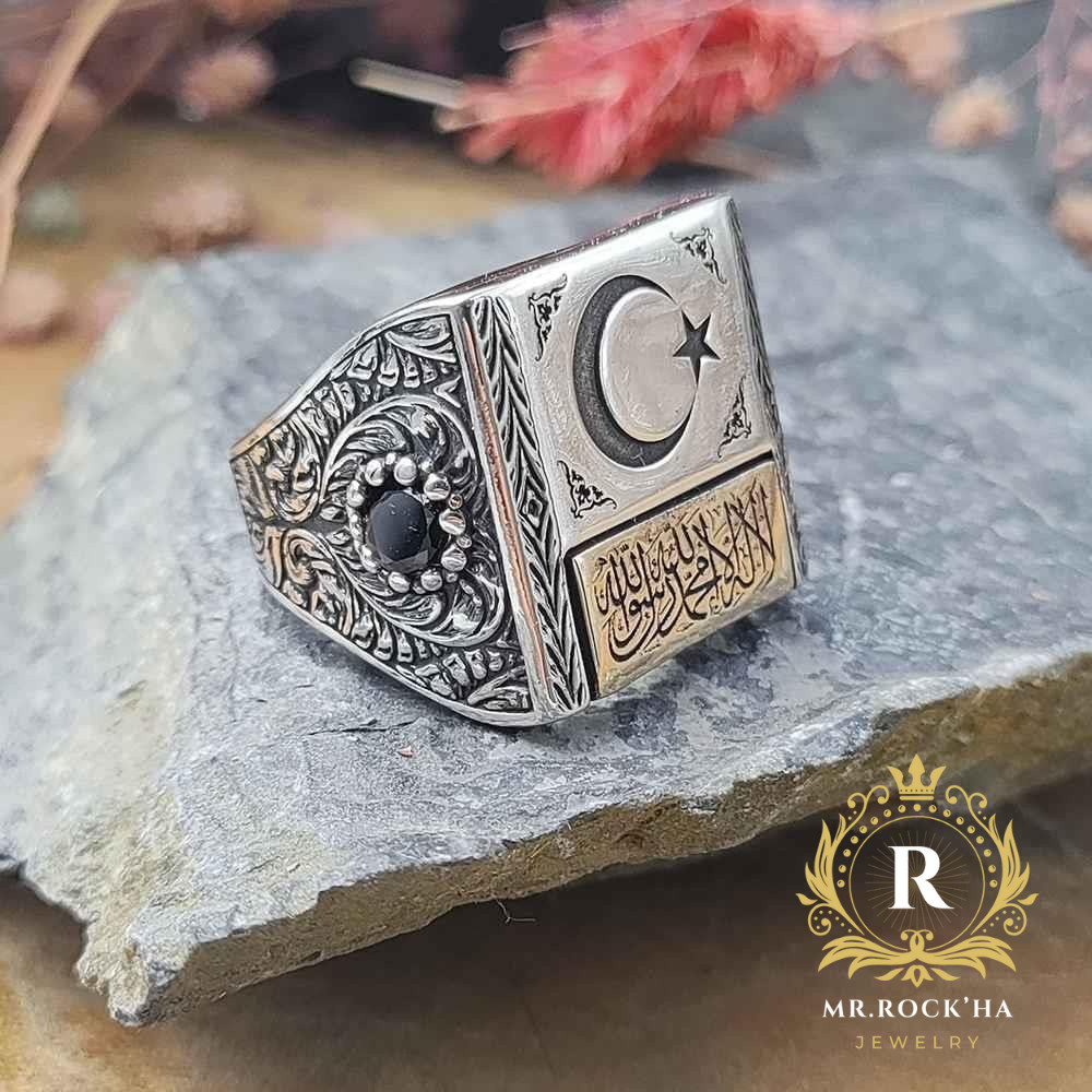Word of Tawhid Engraving,Star Crescent,Black Zircon Stone,925 Silver Men's Ring