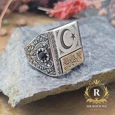 Word of Tawhid Engraving,Star Crescent,Black Zircon Stone,925 Silver Men's Ring