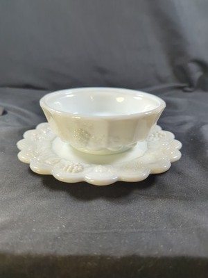 White Milk Glass Grapes and Leaves Flared Pedestal Bowl & Plate Westmoreland