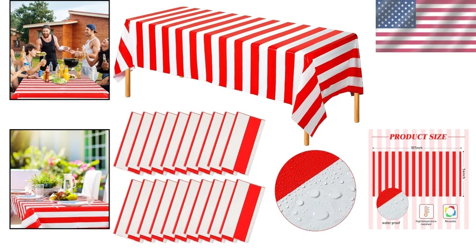 Large Rectangular Red and White Striped Tablecovers: Perfect for Holiday Parties - Image 2 of 4