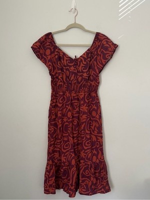 Luxology Smocked Abstract Midi Dress M Rust Purple Cottagecore Flutter Sleeve
