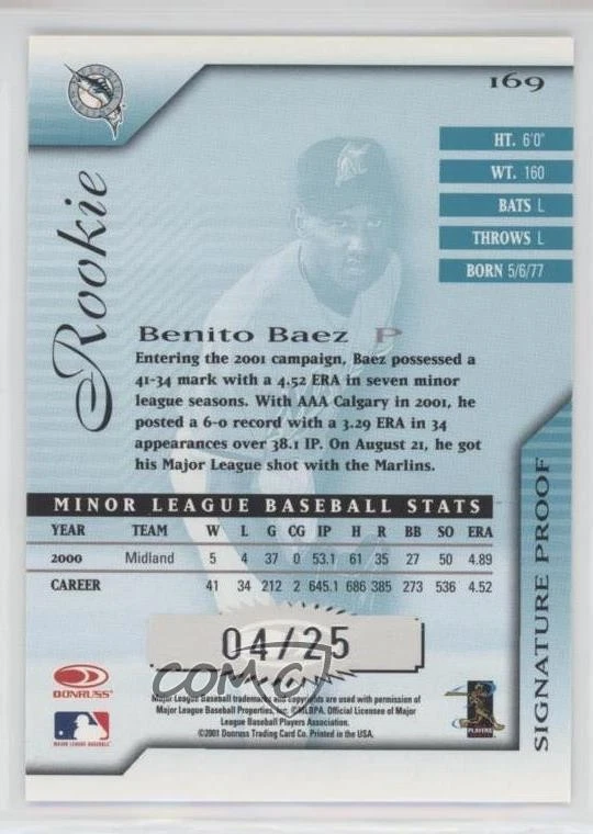 2001 Donruss Signature Series Proof /25 Benito Baez #169 Rookie RC - Image 2 of 2