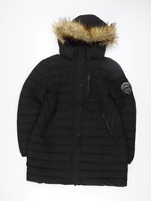 Superdry Women's Black Long Puffer Coat Hooded Faux Fur Lined Size 16