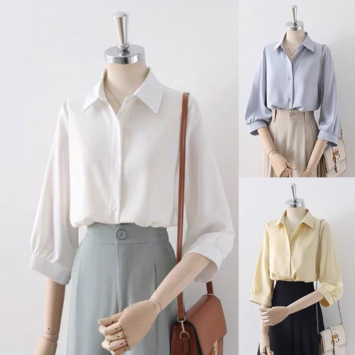 Fashionable Womens Lapel Shirt with Three Quarter Sleeves in Solid Colors - Picture 2 of 24