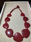 Vintage  Red Bakelite? Plastic ? Necklace  w 9 Heart  Style Drops Strung W Beads — photo 1