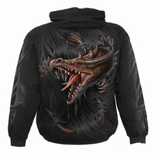 Black Gothic Dragon Hoodie Pullover Sweatshirt with Ripped Fantasy Print