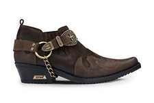 Herren Echt Leder Western Schuhe Braun Kubanische Metallkette Cowboy Winklepickers