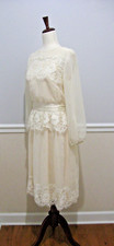 Vintage Victorian Style Tea Length Ivory Chiffon Lace Dress sz S 2pc