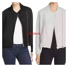 NWT Women's Alison Andrews Double Zip Up Moto Jacket Beige Black SZ L $98