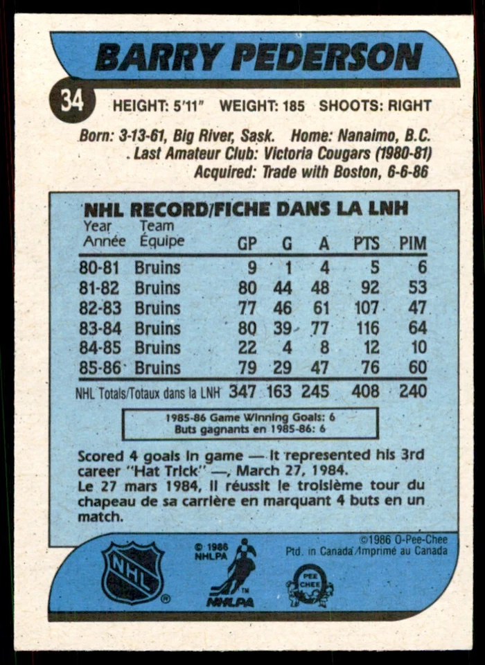 1986-87 O-Pee-Chee Barry Pederson . Vancouver Canucks #34 - Image 2 of 2