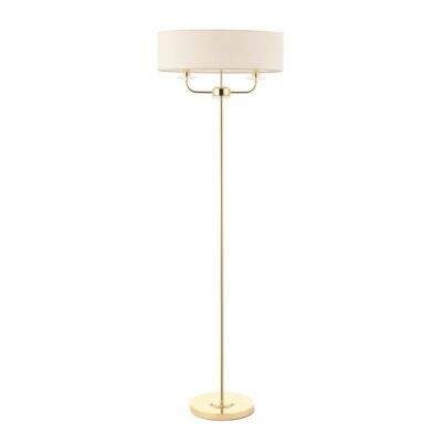 ENDON Nixon 40W E14 2lt Twin Stehlampe Messingplatte Vintage weiß Stoff 70563
