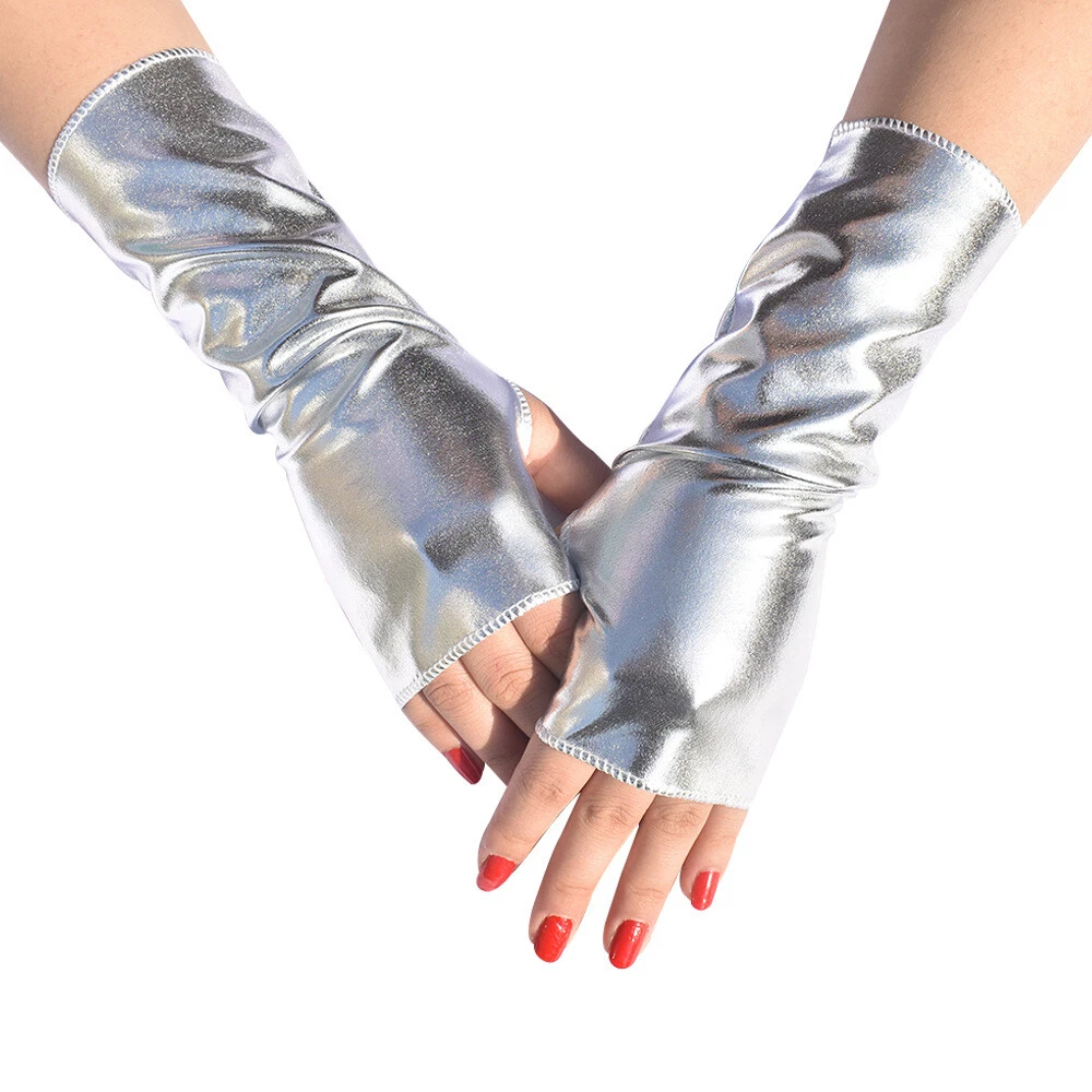 Guantes De Metal De Plata Sin Dedos – Largos Hasta El Codo De Cuero Brillante Para Cosplay, Fiestas Noche Y Club