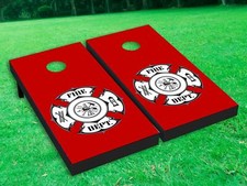 Fire Department Red Background Cornhole Toss Game Board Wraps Decals Graphic