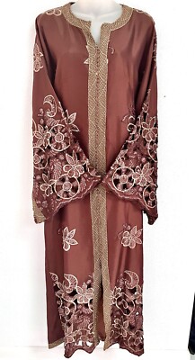 VINTAGE*MOROCCAN LONG BRONZE /SEQUIN djellaba*CAFTAN GOWN DRESS~M