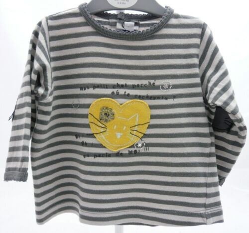 SERGENT MAJOR tee-shirt à manche longue gris rayé chat bébé fille 6 mois - Picture 1 of 1