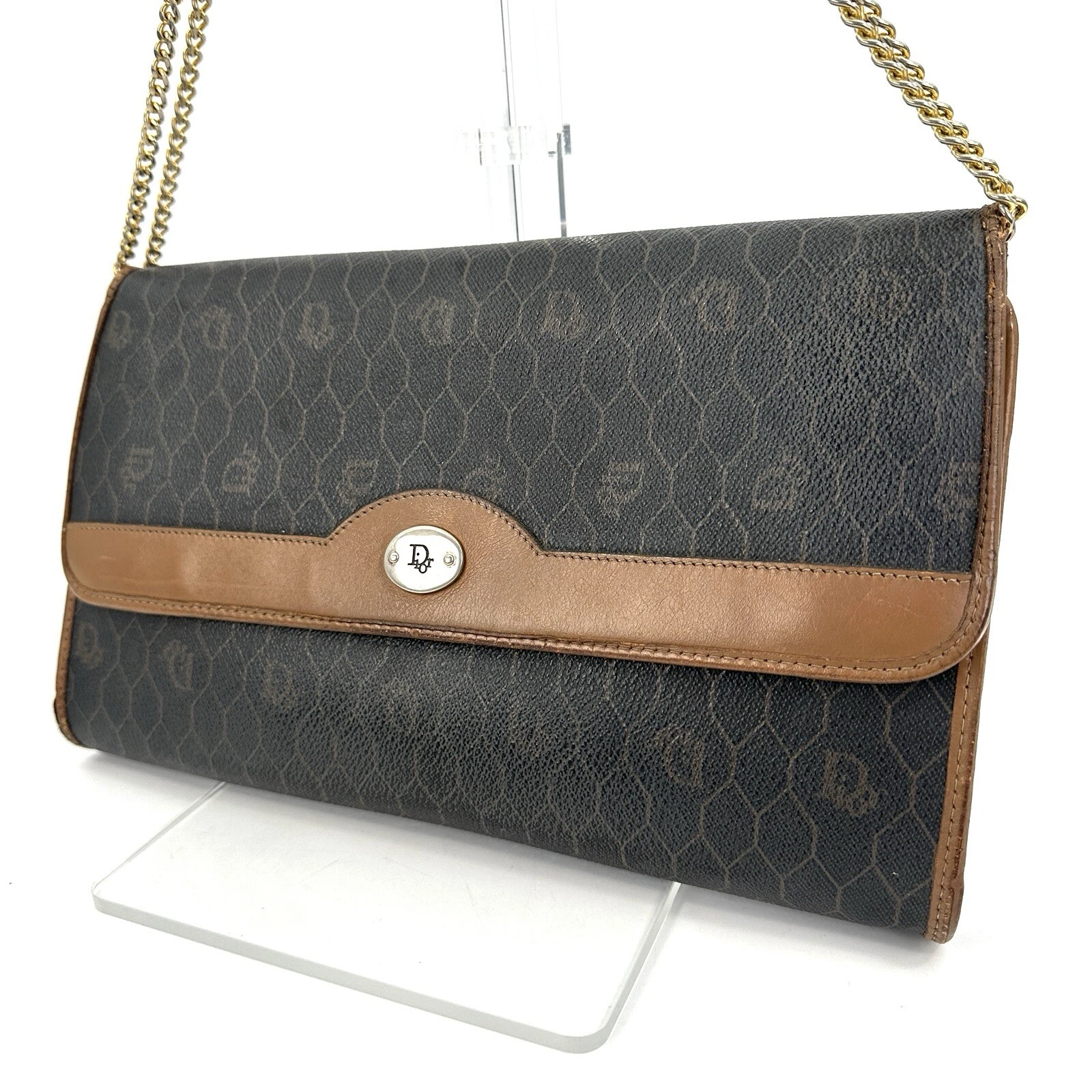 Sac bandoulière chaîne Dior trotteur noir PVC cuir marron authentique