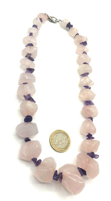 Vintage stattlich Rosenquarz Amethyst Edelstein Nuggets Kette Collier Handarbeit