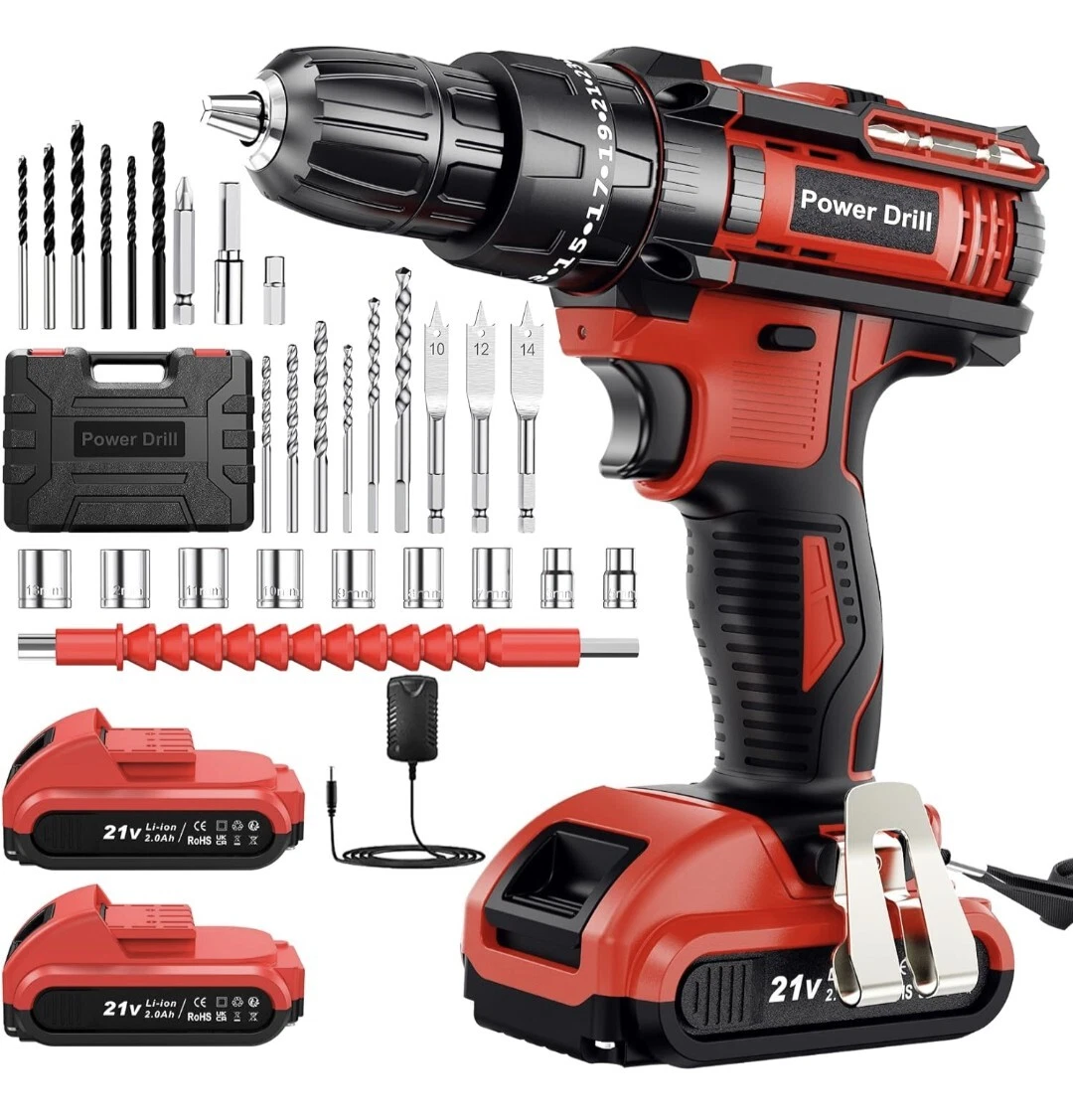 Cordless Drill Driver Set 21V Power Hammer Drill with 2 Batteries