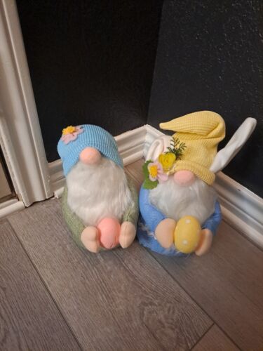 Easter Bunny Rabbit Gnome Spring Decor Weighted Shelf Sitter Plush Knit Set of 2