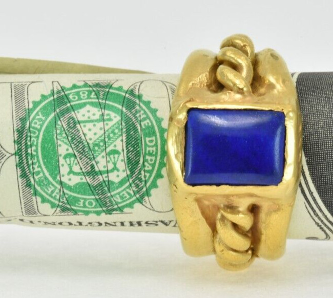 22k Solid Gold Handmade Rectangle Lapis Heavy Ring - image 15