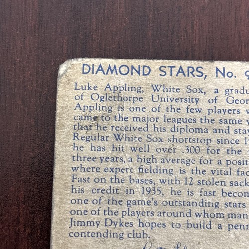 1936 National Chicle Diamond Stars #95 Luke Appling Vintage Poor Grade White Sox - Picture 9 of 10